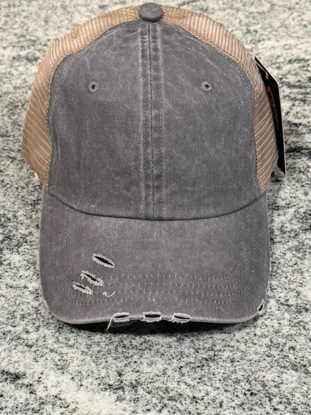 NEW Distressed Two-Tone Mesh 6 Panel Trucker Hat in Gray & Mesh Tan, Adj